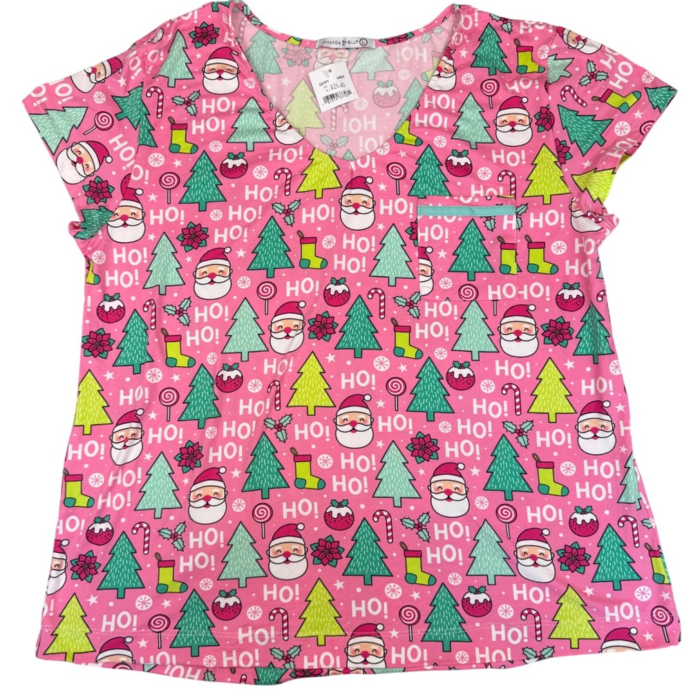 Amanda Blu Pajama Top Women Large Pink Santa Christmas Holiday Festive VNeck NWT